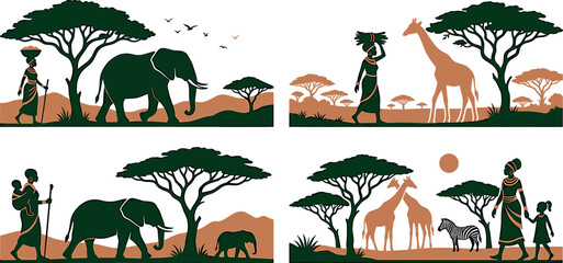 Naklejka premium African safari savanna landscape banner vector set featuring tribal silhouette people wildlife animals acacia trees and sunset nature backgrounds.