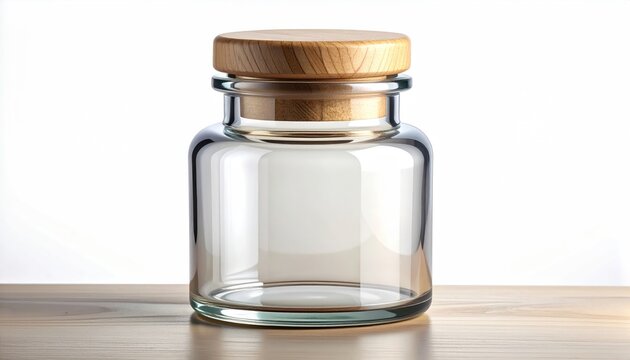 Clear glass jar with wooden lid, set on light wood surface, white background