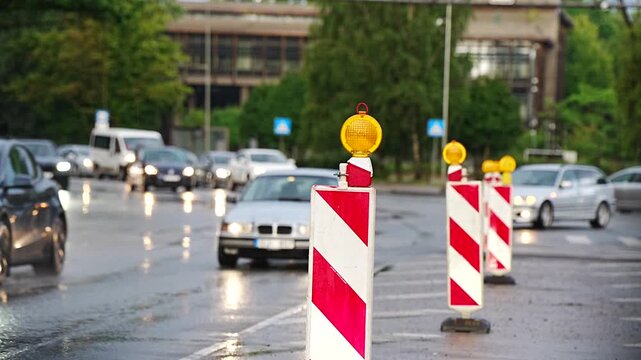 Red and white striped traffic delineator posts with glowing yellow warning beacon lights on a wet asphalt city street during rainy weather