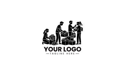 Obraz premium Volunteers Are Organizing Donation Boxes During Caring Community Meetup Black And White Vector Illustration