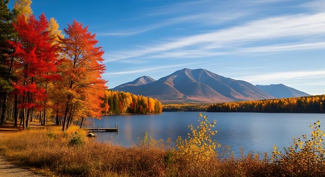 Autumn forest reflection on serene lake with mountain backdrop.