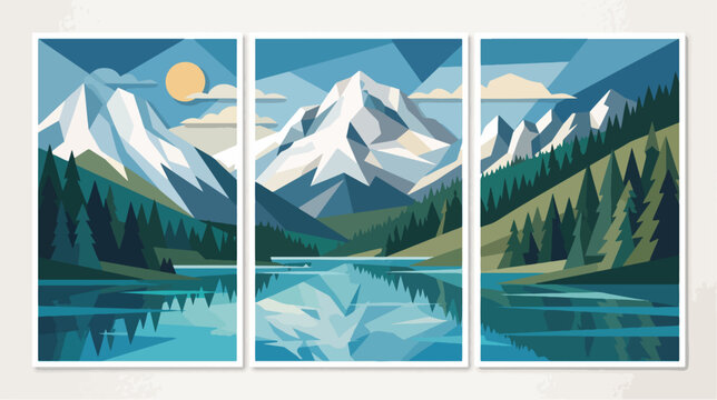 Geometric triptych vector illustration featuring majestic blue mountains with snow capped peaks and a serene lake surrounded by evergreen forests