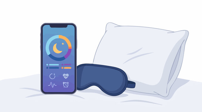 Sleep tracking app on smartphone with eye mask and pillow on bed for healthy sleep monitoring Isolated on white background