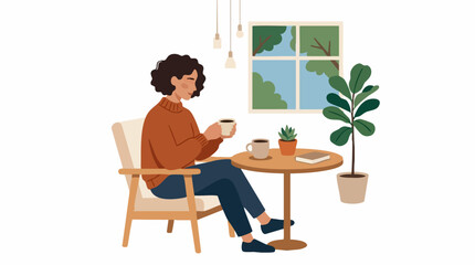 Fototapeta premium Woman enjoying coffee in a cozy armchair by a window with plants and a book on the table Isolated on white background