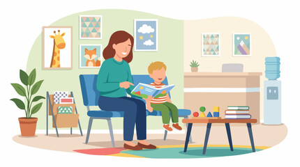 Fototapeta premium Mother reading a book to her child in a waiting room with animal decorations Isolated on white background