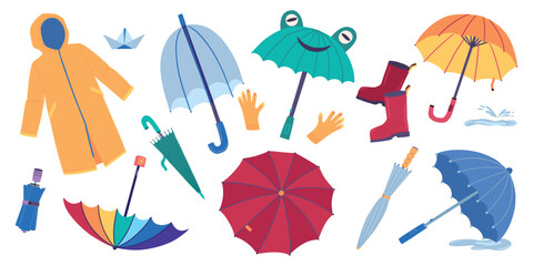 Cartoon umbrella. Rain parasol icon, cute rainy season autumn element. Yellow open and folded, boots or drops and gloves. Seasonal protection items for wet weather. Vector isolated concept © SpicyTruffel