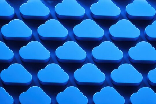 Blue cloud computing icons pattern on dark background for technology design