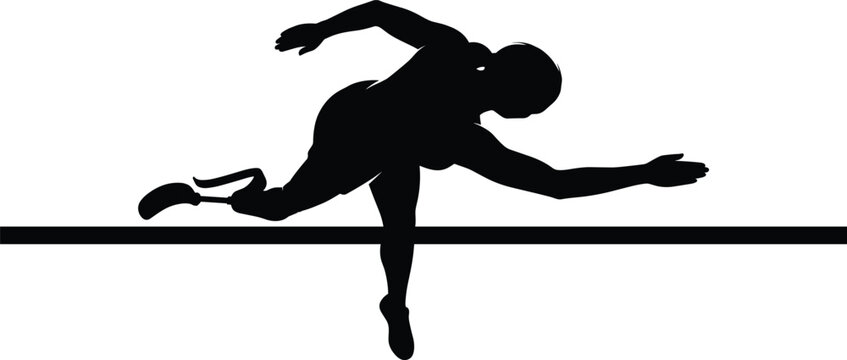 Paralympic female runner silhouette crossing the finish line isolated on white background vector illustration