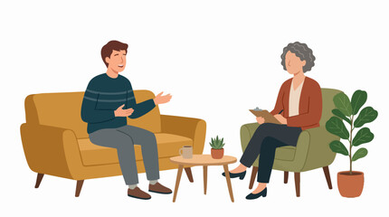 Fototapeta premium Psychologist Talking With Patient In Therapy Session Sitting On Couch And Chair With Coffee Plant Isolated on white background