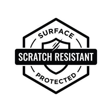 Scratch resistant surface stamp seal icon. Protective shield emblem for durable product packaging.