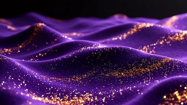 Flowing purple silk waves with golden sparkles