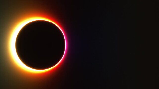 Glowing red and blue neon rings merge on a dark background in an abstract 3D render loop with a sleek chromatic eclipse aesthetic for gaming title sequences
