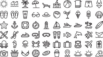 Fototapeta premium Summer Vacation Outline Icon Set - Beach, Travel, Tropical Holiday, Camping, Marine Life and Leisure Line Vector Collection