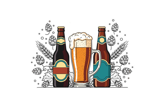 Classic vector illustration of cold beer bottles and a foaming glass mug decorated with fresh hop cones and barley stalks.