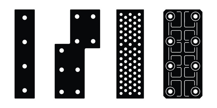 Industrial metal bracket and perforated steel plate silhouettes for construction engineering.