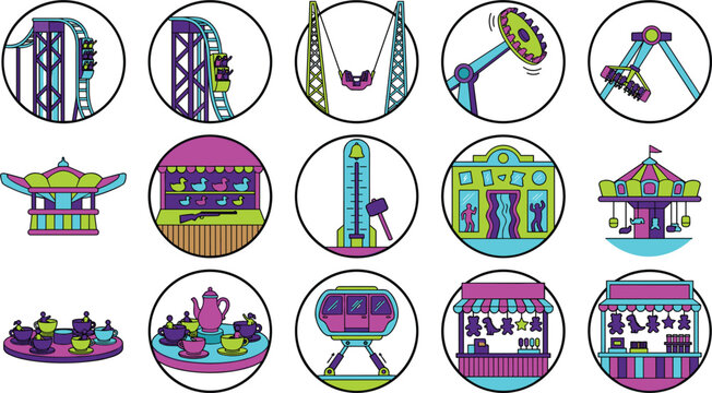 Amusement Park and Carnival Ride Icon Set with Rollercoaster, Ferris Wheel, Carousel, Teacups, and Midway Game Symbols in Circular Badges