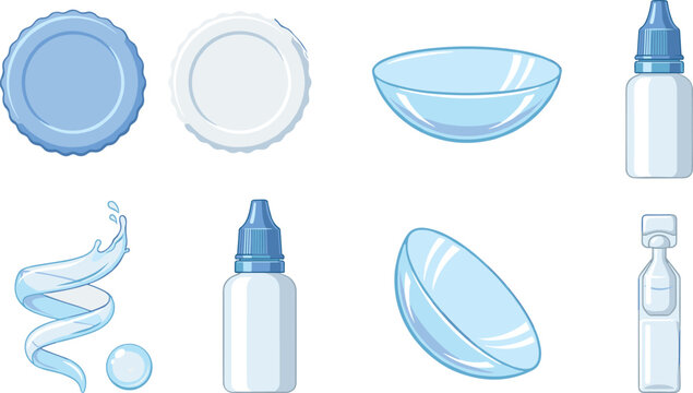 Contact Lens Care Accessories Vector Collection with Lens Case Solution Bottle Contact Lens Eye Drops and Vision Care Elements