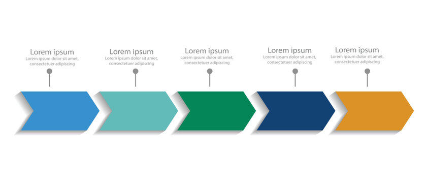 Business infographic timeline vector illustration with six steps and horizontal process blocks diagram in large rightward arrow shape with list layout