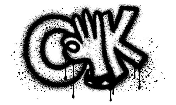 Graffiti text OK sprayed in black on white with thumb icon 