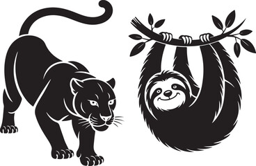 Fototapeta premium Black Panther And Sloth Silhouette Vector Icons For Wildlife Designs