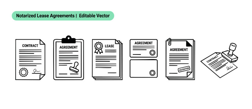 Notarized lease agreement contract vector icon set featuring stamp validation seal and clipboard elements for business rental legal document templates isolated on white background flat line art signs.