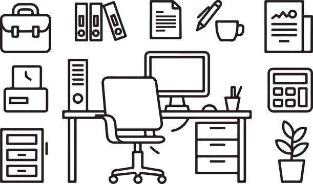 Office Stationery And Desk Setup Line Icons On White Background