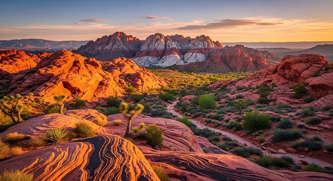 Autumn sunset over colorful rocky canyon landscape.