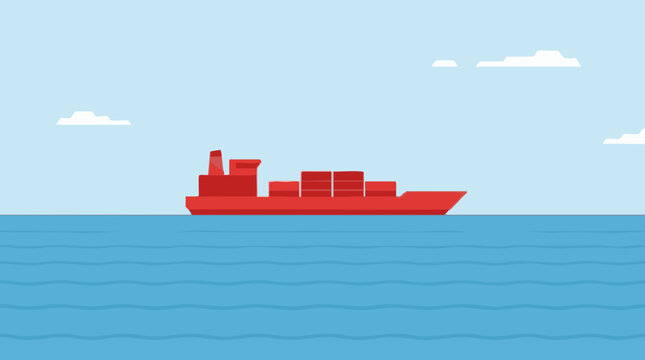 Flat design illustration of a red container cargo ship on the ocean