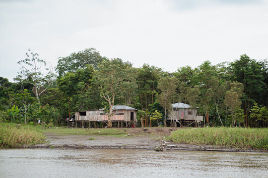 isolated wooden-plank houses in the middle of the Amazon rainforest