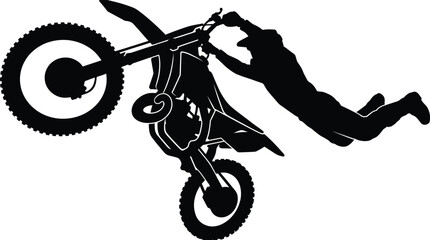 Freestyle motocross rider silhouette performing aerial stunt on dirt bike isolated on white background vector illustration © MstMahurun
