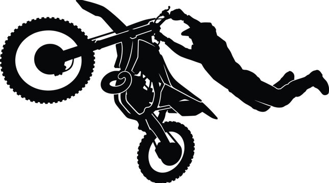 Freestyle motocross rider silhouette performing aerial stunt on dirt bike isolated on white background vector illustration