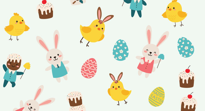 Adorable Easter seamless pattern featuring cute bunnies, little chicks, colorful easter eggs, and sweet cupcakes.