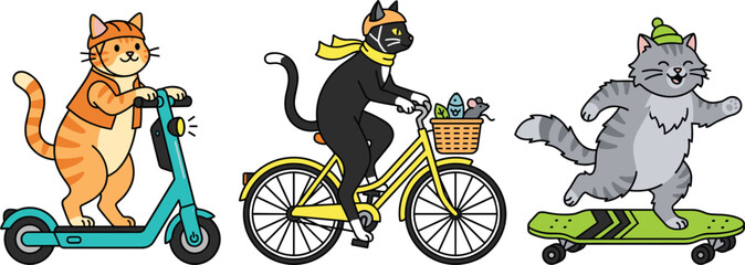 Cute Cartoon Cats Riding Scooter Bicycle and Skateboard Vector Illustration Set for Kids and Pet Brand Designs