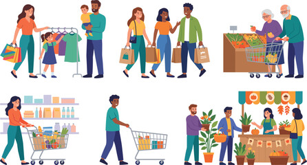 Diverse people shopping in supermarkets grocery stores and local markets modern flat vector illustration collection set