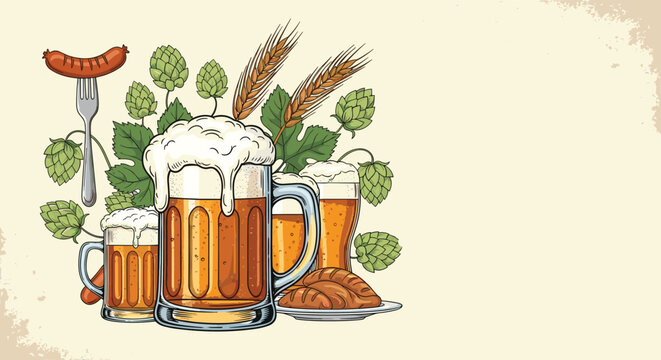 Vintage hand drawn sketch of a cold foaming mug of beer with fresh hops, sausages, and barley stalks on rustic paper.