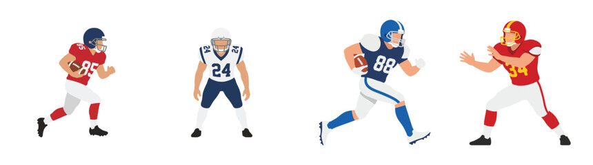Obraz premium Set of Four Diverse American Football Players in Dynamic Athletic Poses Isolated on White Background for Sports Graphics
