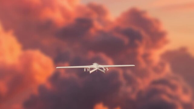 Military drone flies through dramatic orange sunset clouds in a realistic 3D animation showcasing modern unmanned aerial vehicle technology for defense concepts
