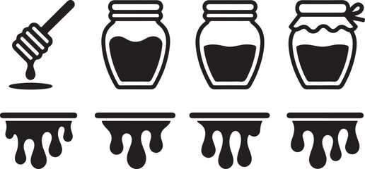 Honey Jar Icons Dipper And Dripping Honey Elements On White Background © Ranaart