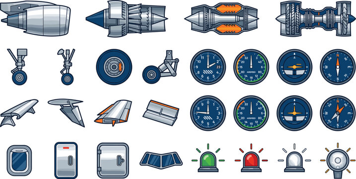 Airplane parts and aviation vector icon set featuring jet engines cockpit dials and landing gear
