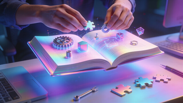 Hands assembling colorful puzzle pieces over an open book collaborative and neurodivergent-friendly teaching method in bright neon tones