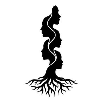 Black silhouette of mul iple faces emerging from tree roots in a single line. Resizable and editable, EPS 10.
