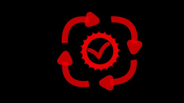 Emblem displaying a bold red checkmark inside a jagged gear motif surrounded by four circular arrows illustrates critical validation steps and the urgent cycle of project management and workflow.