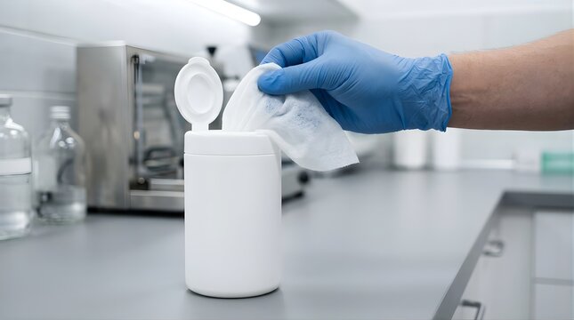 Person with blue glove pulling a disinfectant wipe from a white plastic container in a laboratory.