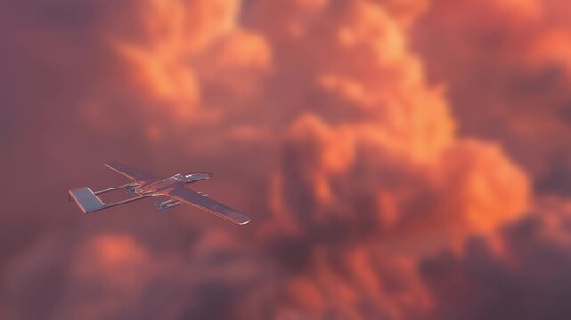 Advanced military drone glides over a dense field of orange sunset clouds in a cinematic 3D animation depicting modern defense and aerial patrol operations