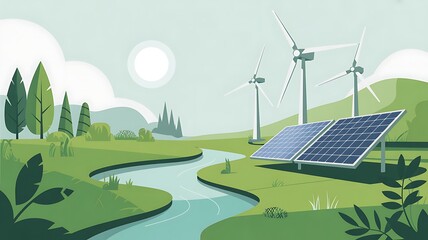 Fototapeta premium Renewable energy wind turbines and solar panels in green landscape. Sustainable power sources near river with eco-friendly infrastructure for clean...