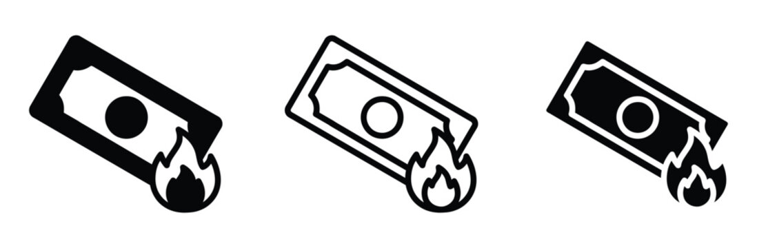 Burning money icon set in flat line and glyph vector illustration styles. Flame on cash dollar banknote symbol for inflation crisis, financial loss, high expense, and economic bankruptcy graphics.