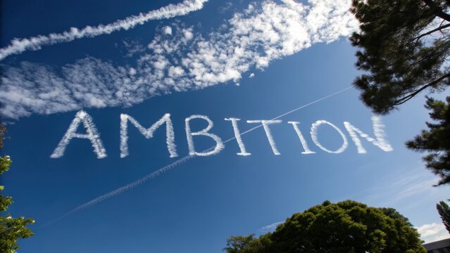 Inspirational Cloud Writing Depicting Ambition Against a Clear Blue Sky with Trees in the Foreground and Contrails