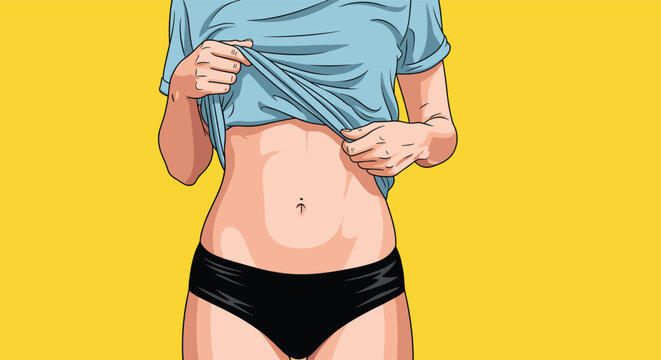 Close up of a woman showing her slim and fit stomach while lifting her blue t-shirt on a bright yellow background.