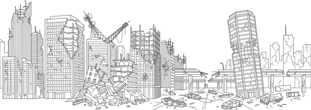 Ruined city panorama line art vector featuring destroyed skyscrapers collapsed bridge and apocalyptic street rubble