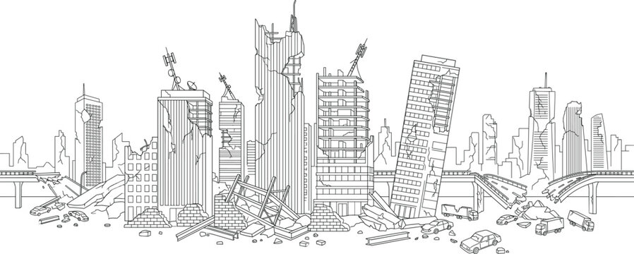 Ruined city panorama vector line art featuring destroyed skyscrapers, collapsed bridges, and post-apocalyptic urban damage